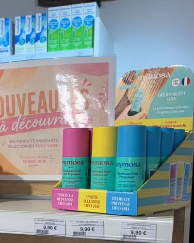 Présentoir Mymosa Déodorant Soin en pharmacie, rayon nouveautés